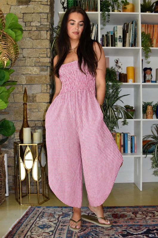 Arbi Gingham Shirring Bandeau Jumpsuit Indian Pink